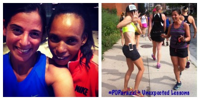 (L) Boston Marathon champ, Rita Jeptoo and me! (R) Funning with Lauren Fleshman for the Oiselle #POParazzi contest