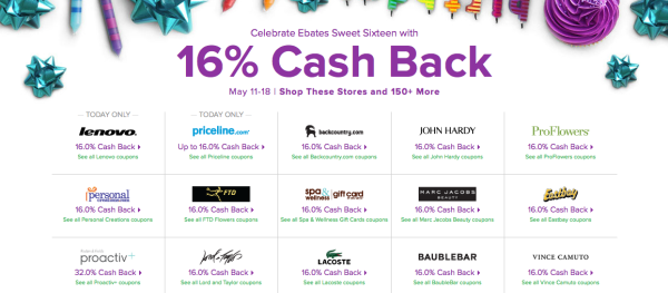 Check out AMAZING 16% cash back deals at ebates
